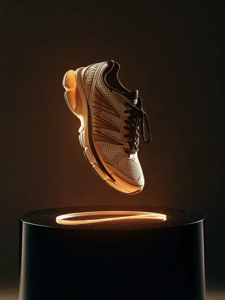 A running shoe floating above a black plinth ringed with orange light