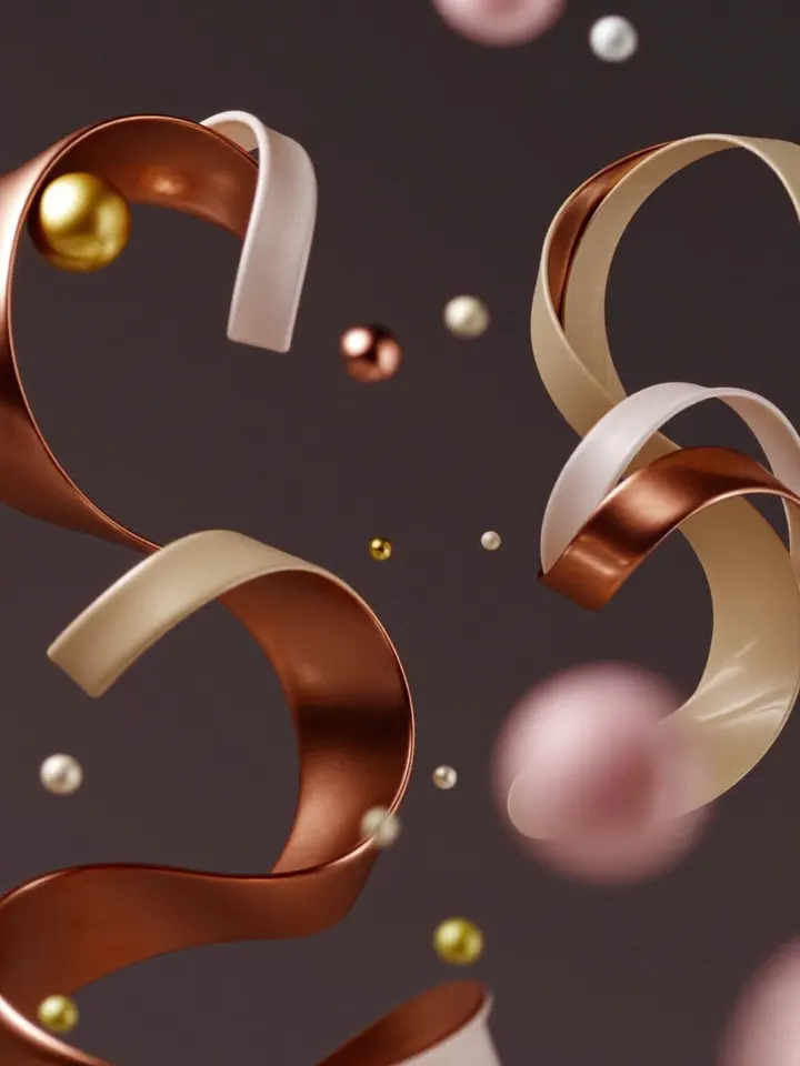 Copper and cream ribbons curling in 3D among floating pearls